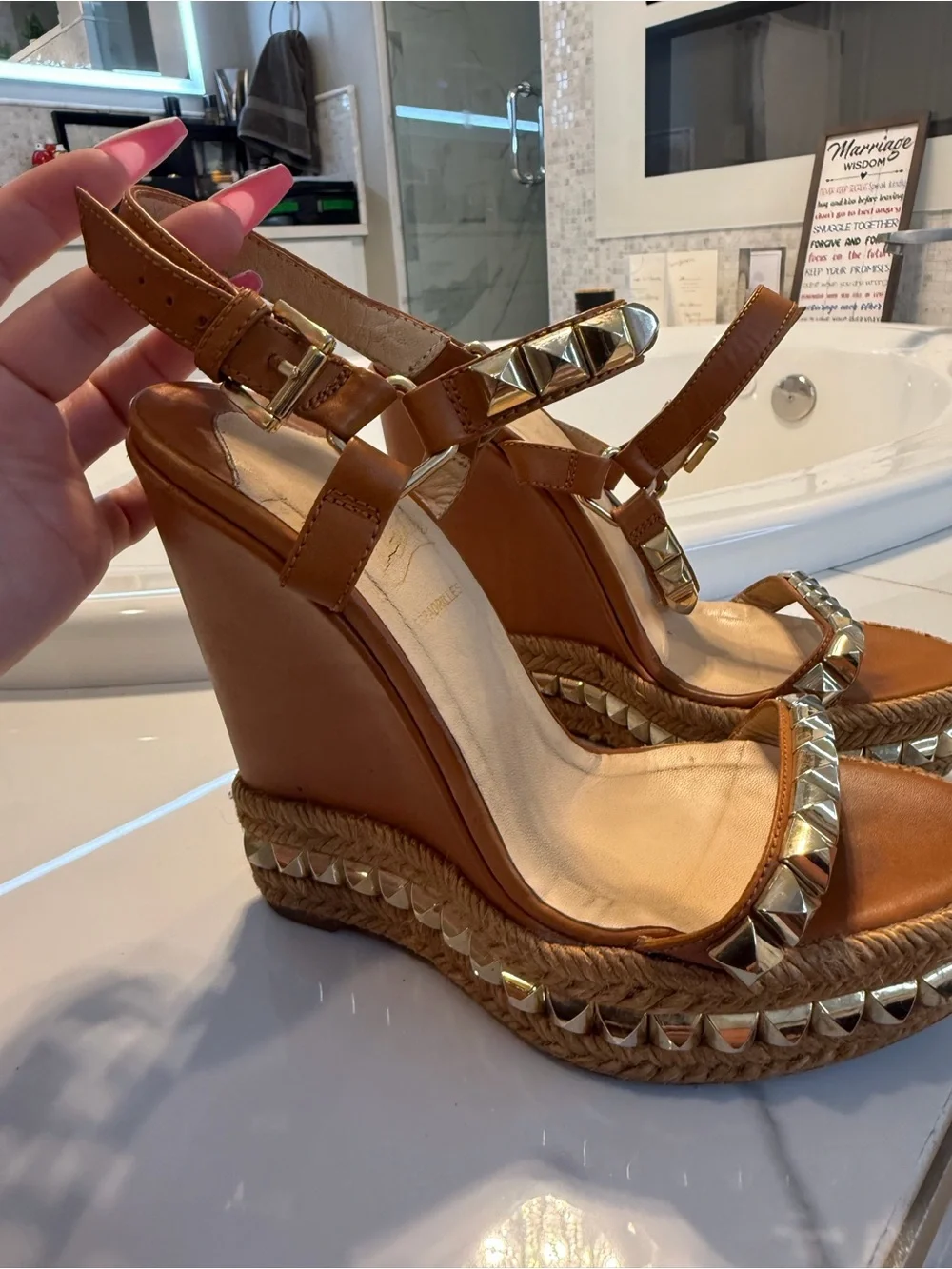 Christian Louboutin Tan Leather Studded Platform Wedge Sandals
